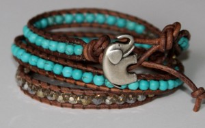 Handmade Leather Genuine Turquoise and Crystal Charm Bracelet
