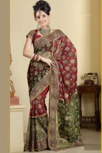 Cardinal red and fern green embroidered Saree