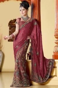 Cerise pink embroidered Saree