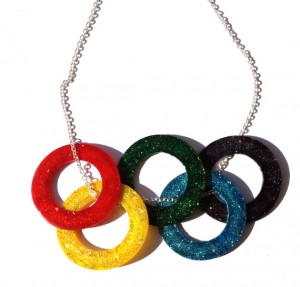 Hand Applied Glitter on Olympics Rings Necklace