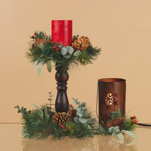 Wooden Pedestal Red Candle Ring Pine Cone Candleholder